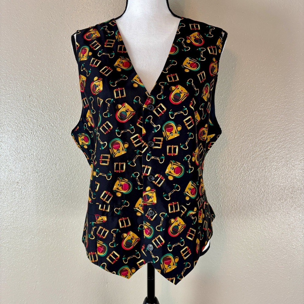 Preston & York Vest Women's Large Black Equestrian Themed Vintage Silk Horse 80s - Picture 4 of 11